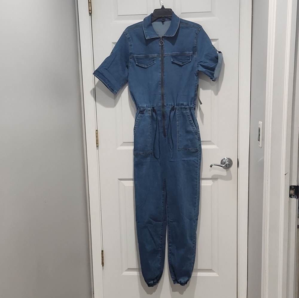 American Bazi cinched waist zip up medium wash denim jumpsuit size M - Picture 9 of 9